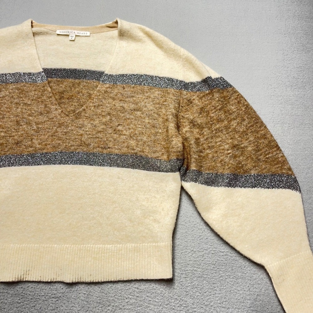 Veronica‎ Beard Miley color block striped metallic v neck sweater Alpaca Merino